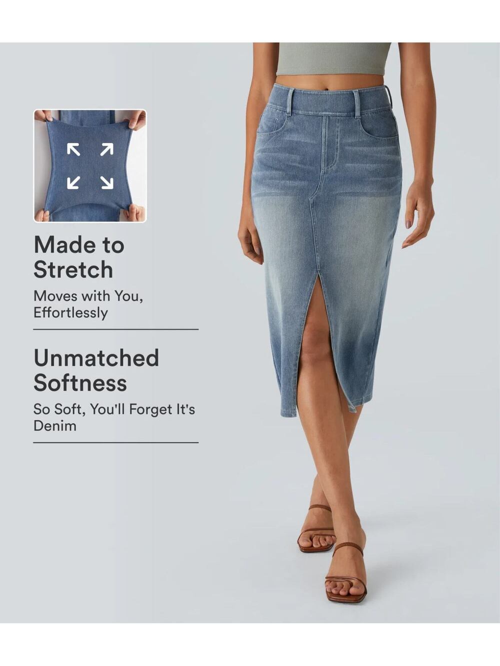 Halara Flex High Waisted Pockets Washed Denim Midi Skirt [XL Reg]